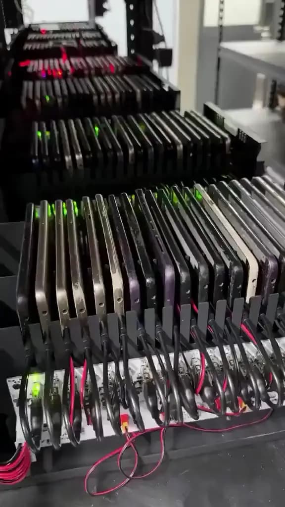 Il rack di smartphone di ProxyHub: ognuno ha la sua SIM ed è collegato alla rete mobile